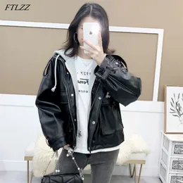 Herbst Frauen Mit Kapuze Lose Schwarz PU Faux Leder Jacke Streetwear Moto Biker Zipper Tasche Winddicht Mantel Outwear 210430