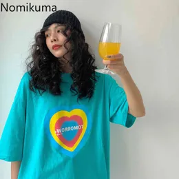 Nomikuma High Street T Shirt Women Love Heart Pattern O Neck Short Sleeve Tshirts Korean Chic Casual Loose Tops Camisetas Mujer 210514