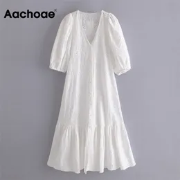 Aachoae Chic Floral Embroidery Midi Dres V Neck Puff Sleeve Sweet es Ladies Elegant A Line White Cotton 210623