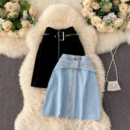 Design Kvinnor Jeans Skirt High Waist Front Zipper Belt Mini Korea Chic Temperament A-Line Short 210603