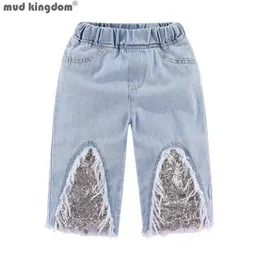 Mudkingdom sparkly sequin girls gröda jeans mode bredben för flicka sommar kläder elastiska midja toddler beskurna denim byxor 210615