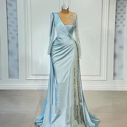 Niebo niebieski z długim rękawem arabski suknia wieczorowa elegancka satynowa koralików kryształowe luksusowe formalne sukienki vestidos de cerimonia mulher