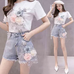 Fashion High waist Jeans Shorts Sets 2021Summer Women 2 Piece Sets Embroidery 3D Flower T-shirt top+Denim Shorts Two-piece set X0428