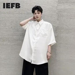 IEFB Men's Summer Shirts Solid Color Metal Pendant Loose Men's Short Sleeve Shirt Vintage Clothes Black White Lapel Tops 210524