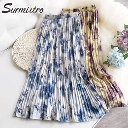 SURMIITRO Gonna lunga primavera estate Donna Stile coreano Elegante chiffon China Ink Print Vita alta Midi Gonna a pieghe Donna 210712