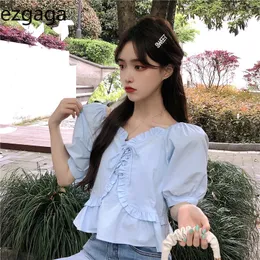 Ezgaga Sommer Casual Bluse Frauen Puff Kurzarm Neue Crop Tops Spitze-up Koreanische Mode Chic Feste Dünne Shirts süße 210430