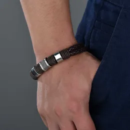 Klassiskt rostfritt stål vävt läder flätat rep wrapping speciell stil män läder manliga kvinnliga armband smycken gåva Q0719