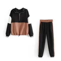 Wome patchwork två stycken set outfit vårhöst khaki hooded bombant jacka damer joggare tjejer lösa hoodies 210421