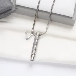 Europe America Fashion New Style Men Lady Women Silver-colour Metal Chain Long Necklace With Engraved V Initials Full Diamond Whistle Pendant M68874