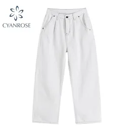 Stitched White Wide Ben Denim Kvinnors Byxor Mode Streetwear Harajuku Lossa Straight Jeans High Waist Retro Ins Byxor 210515