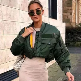 vintage puffer short parkas women winter coat army green warm bomber zipper coat jacket windbreaker coat 210415