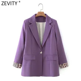 Zevity Women Fashion Cuff Leopard Patchwork Purple Fitting Blazer Coat Office Lady Single Button Outerwear Suits Chic Tops CT690 210603