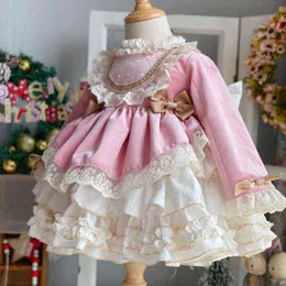 Baby Girl Autumn Winter Velvet Vintage Spanish Pompom Ball Gown Princess Lolita Dress for Children Girl Christmas Birthday Dress G1218