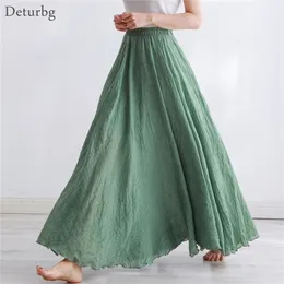 High Quality Cotton Linen Maxi Skirt Womens Casual Elastic Waist Pleated A-Line Beach Skirts Boho Saia Feminina Faldas Jupe 220224