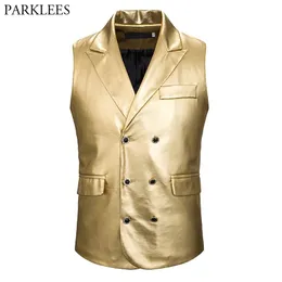 Mens Gold Coated Metallic Revers Weste Weste Zweireiher Westen Herren Bühne Prom Bühne Chalecos Para Hombre 210522