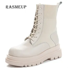 Rasmeup Äkta läderplattform Stövlar Höst Kvinnor Ljus Bekväm Chunky Boots Fashion Lace Up Lady Shoes Footwear 211009