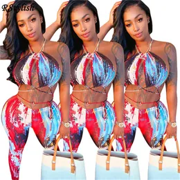 Rstylish 2021 Sommar Tie Dye Print Lace Up Halter Crop Top och Legging Pants Två Piece Set Sexy Clubwear Party Outfit Streetwear X0709