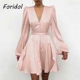 Foridol Button Up Satin Dress Women Lantern Sleeve Vintage Pink Party Dress V Neck Ladies Elegant Short A-line Silk Dress 210415