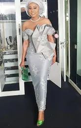 2021 Mermaid ASO EBI Krótki rękaw Prom Dresses Aplikacje Lace Off The Ramię Srebrne Suknie Wieczorowe Dubai Women Party Dress