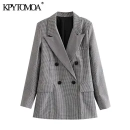 Women Fashion Double Breasted Check Blazer Coat Vintage Long Sleeve Pockets Female Outerwear Chic Tops 210416