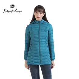 サンテロンの女性の長い超軽量パッド入りジャケット冬スリムコート女性コットン暖かいパーカー服S20003 211008