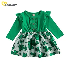1-4Y Spädbarn Barnbarn Tjej Klänning Grön Clover Print Långärmad Party Dresses Kostymer 210515