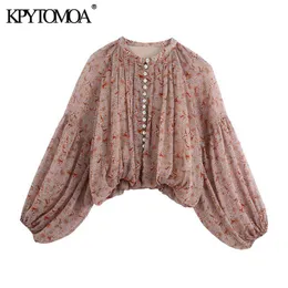 KPYTOMOA Kadınlar Moda Paisley Baskı Kırpılmış Bluzlar Vintage Fener Kol Elastik Hem Kadın Gömlek Chic Tops 210721