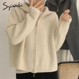 Syiwidii ​​Vintage Knitted Cardigan Harajuku Swetry dla kobiet Fall Fashion Dwuosobowy Zamek Zagraniczniona Kurtka Black Beige Coats 211011