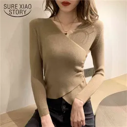 Spring Women Cross V-Neck Sweaters Girls Stickad Knitwear Side Button Sweater Full Sleeve Pullovers Kvinna Beskära Toppar Chic 210510