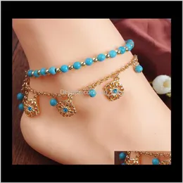 Anklets Drop Delivery 2021 Europeiska och amerikanska smycken Bohemisk stil turkos pärlor Tassel Diamond Anklet Combination Ylner