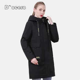 D`OCERO Spring Coat Women Fashion Thin Cotton Casual Female Jacket Autumn Windproof Parka Long Quilted Hooded Outwear 211008