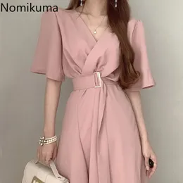 Nomikuma verão elegante cinto slim cintura vestido coreano chique sólido em v-pescoço flare manga mulher vestido novo vestidos mujer 6h420 210427