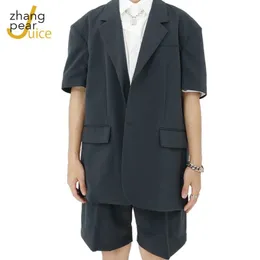 Summer Men's Suits 2 Piece Set Casual Short Sleeve Blazer Coat Solid Notched Jacket Black Pants & Blazers