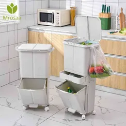 Kitchen Can Recycle Sorting Trash Household Dry And Wet Separation Waste Classification Rubbish Bin with wheel 210330