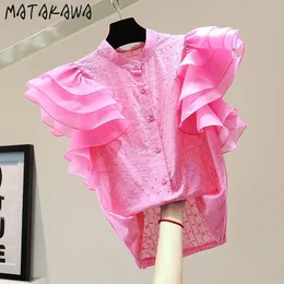 Matakawa 중공 자수 여성 블라우스 코튼 린넨 셔츠 여름 O-Neck Ruffled Blusas Flying Sleeve 캐주얼 Womens Tops 210513