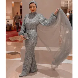Glitter Jumpsuit Muslim Evening Dresses High Collar Långärmad Arabisk Dubai Formell Wear Prom Gown Trouse Outfit