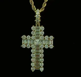 14K guldpläterad 55mm Mäns Baguette Cross Pendant Halsband Soild Real Iced Diamond Hip Hop Smycken För Män Kvinnor Gåvor