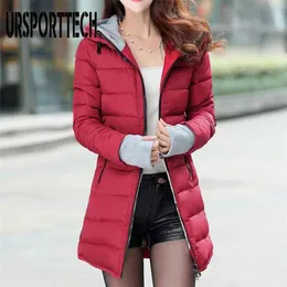 Ursporttech Winter Jacket 여성 후드 롱 파카 따뜻한 슬림 겨울 코트 여성 복어 재킷 대형 패딩 outwear 여성 210819