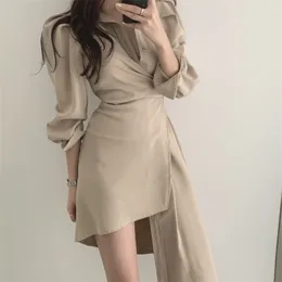 Robe Ete Femme Autumn Korean Casual Shirt Dress Women Fashion Slim Waist Irregular Long Dresses Vestidos Sukienki Letnie 210514