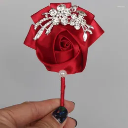 Bourgogne Satin Rose Bröllop Corsage för Groom Boutonniere Diy Crystal Brosch Bridal Decoration Man XH001-41