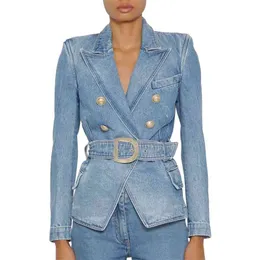 HIGH STREET Fashion Designer Blazer Women's Double Breasted Metal Lion Buttons Belted Soft Denim Jacket 210521