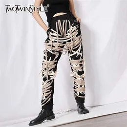 Twotwinstyle Cross Bandaż Spodnie Dla Kobiet Wysoka Talia Pełna długość Plus Size Casual Black Spodnie Kobiet Jesień Styl 211115