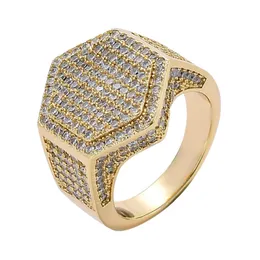 Mode Micro Paved CZ Zircon Hexagon Finger Ring Iced Out Bling Punk Cubic Zirconia Ringar Smycken 18K Real White Gold Mens Hip Hop Engagement Presenter för älskare