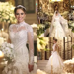 Incrível laço alto pescoço vestidos de noiva sheer mangas compridas pesado beading vestidos babados camadas uma linha de volta botões vestidos de casamento 328 328