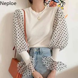 NEPLOE Koreański Wiosna O-Neck Topy Polka Dot Gauza Patchwork Bluzka Kobiety Kontrast Kolor Flare Rękaw Fałszywy Dwuczęściowy Koszula Femme 210422