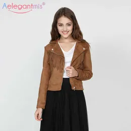AELEGANTMIS Весенние осенние пальто женщин замшевые куртки мотоцикл байкер коричневая кожаная куртка женский кисточка Harajuku верхняя одежда 210607
