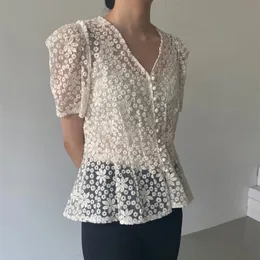 Summer All Match Deep V-Neck Light Sexy Thin Chic Blouses Gentle Dedicate Vintage Embroidered Short Sleeve Shirts 210421