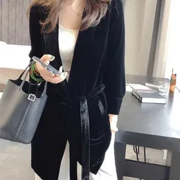 Peonfly Autumn Women's Velvet Blazers Jacket with Sashes Female Notched Outerwear Office Ladies Coat Loose Black Blazer 211122