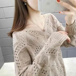 Hohl V-ausschnitt Sexy Pullover Frauen Lose Polka Dot Geometrische Lange ärmeln Gestrickte Basis Pullover Jumper Geraffte Weibliche Frühling 210427