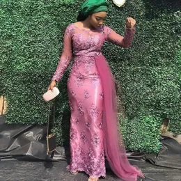 Afrikanska kvinnor formella prom klänningar plus storlek Aso Ebi Nigeria Party Dress Mermaid Långärmad Lace Aftonklänningar